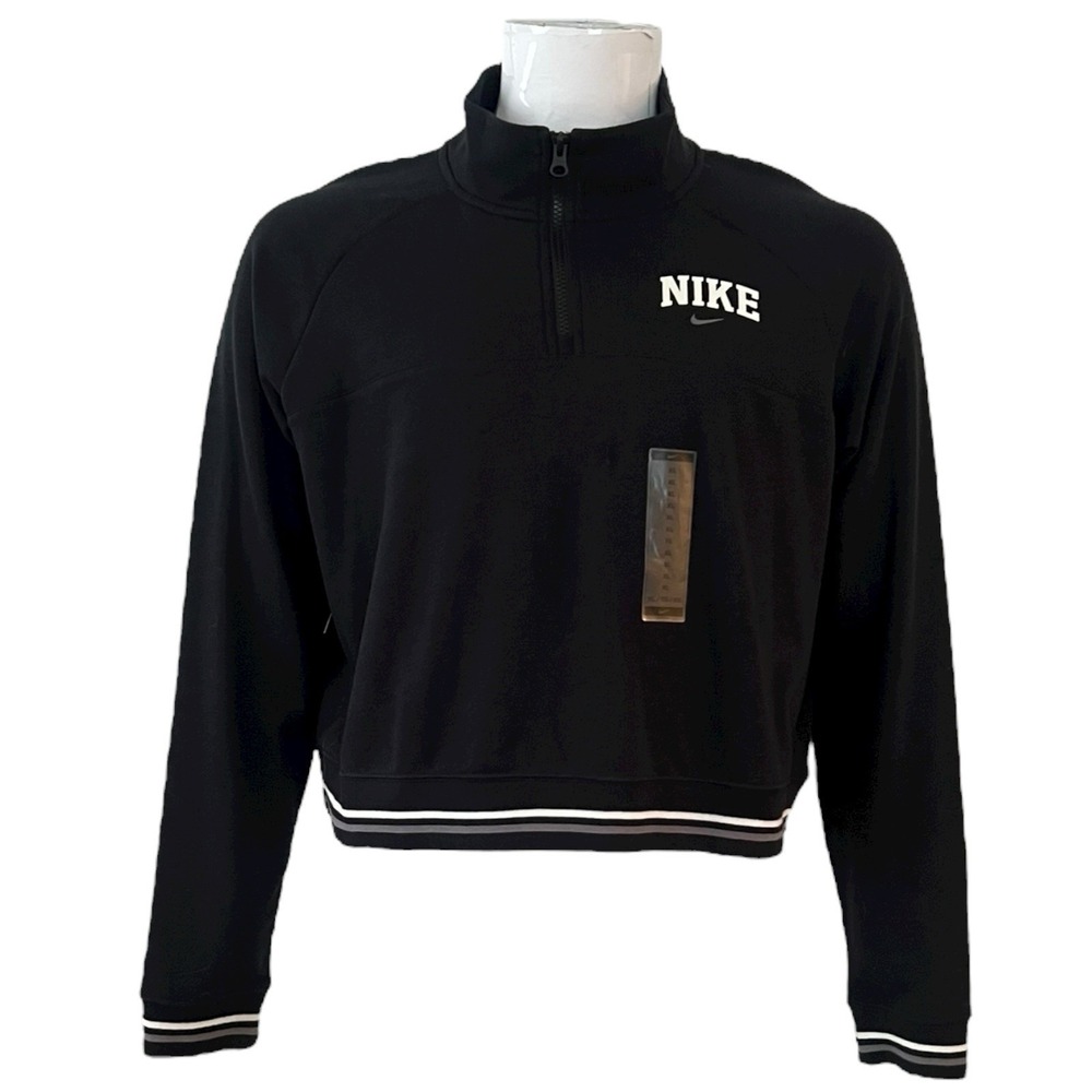 Nike Womens Quarter Zip Crop Sweatshirt Black Varsity‎ Logo DV3995-010 XL